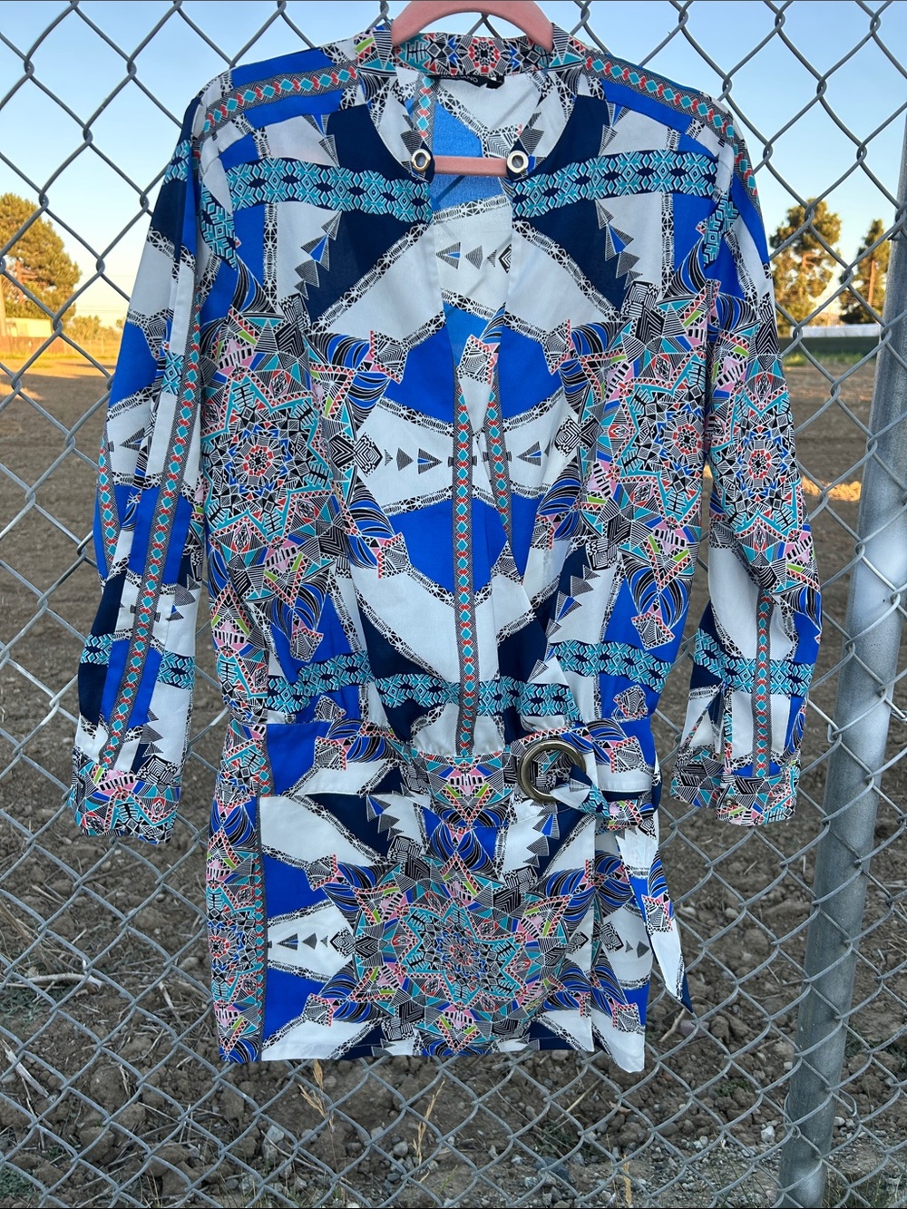 Marciano Geometric Kaleidoscope Tile Faux-Wrap Dress with belt
